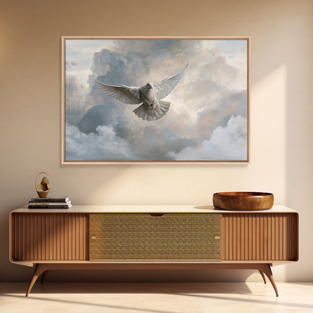 Dove Flying Through Radiant Clouds Canvas Print, Spiritual Art, Poster, Living Room Decor, Fine Art, Spirit, Framed Wall Art, SPI-3x2-57