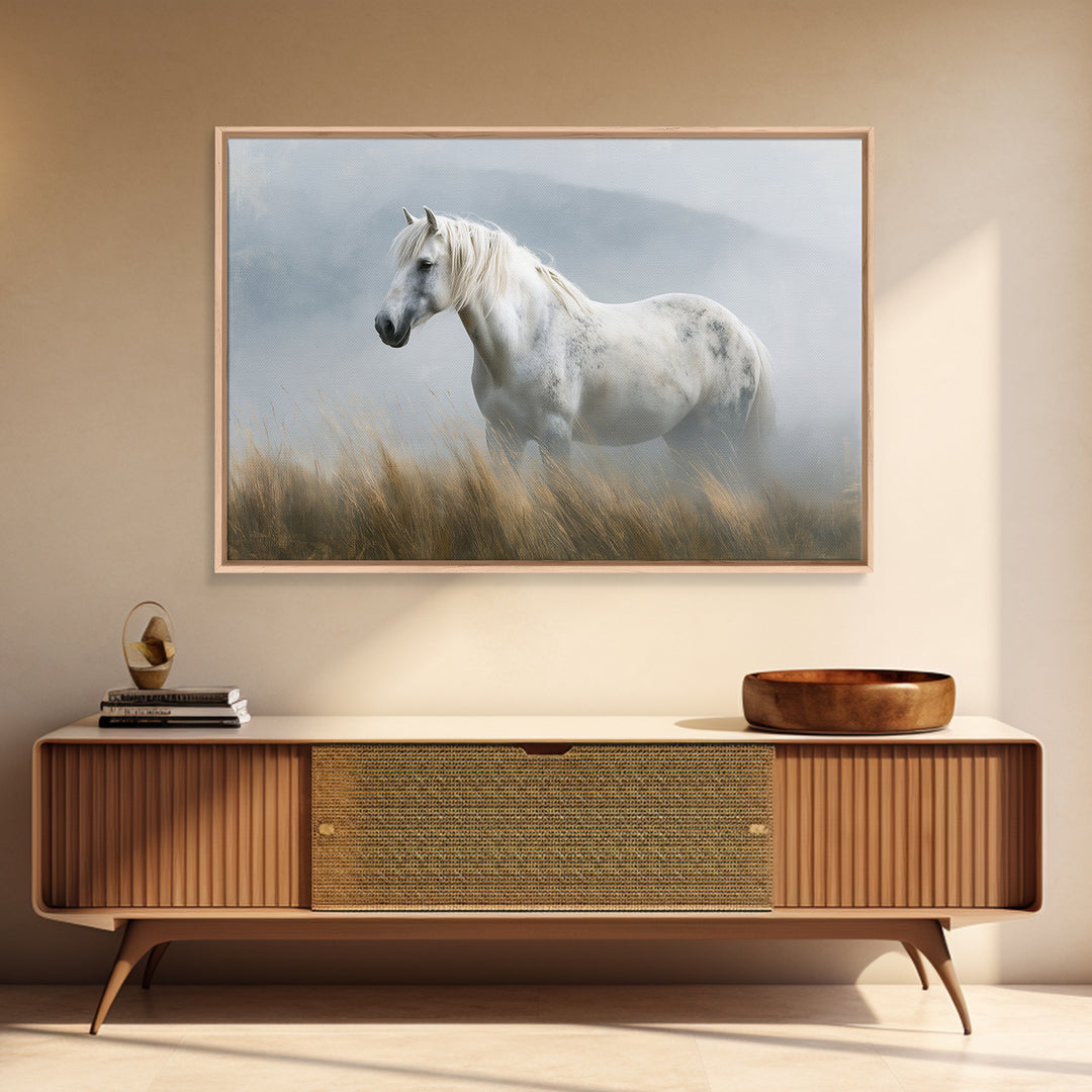 White Horse in Misty Sacred Landscape Canvas Print, Spiritual Art, Kids Room Art, Living Room Decor, Fine Art, Spirit, SPI-3x2-62
