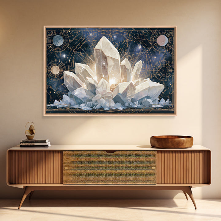Crystal Cluster with Moonlight Reflections Framed Canvas Print, Spiritual Art, Living Room Decor, Watercolor Art, Spirit, SPI-3x2-65