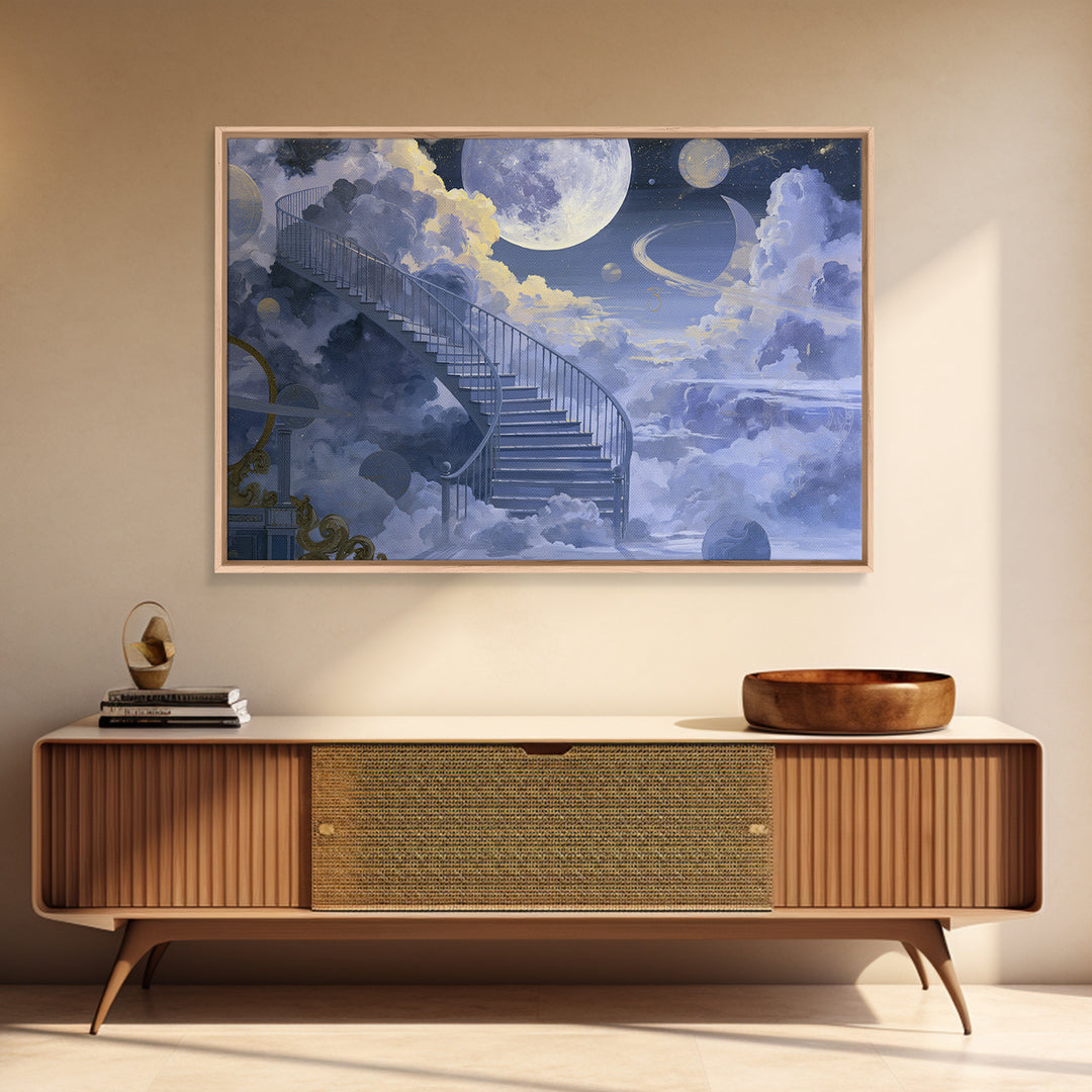 Celestial Staircase Through Clouds Framed Canvas Print, Spiritual Art, Room Decor, Living Room Decor, Fine Art, Spirit, SPI-3x2-69