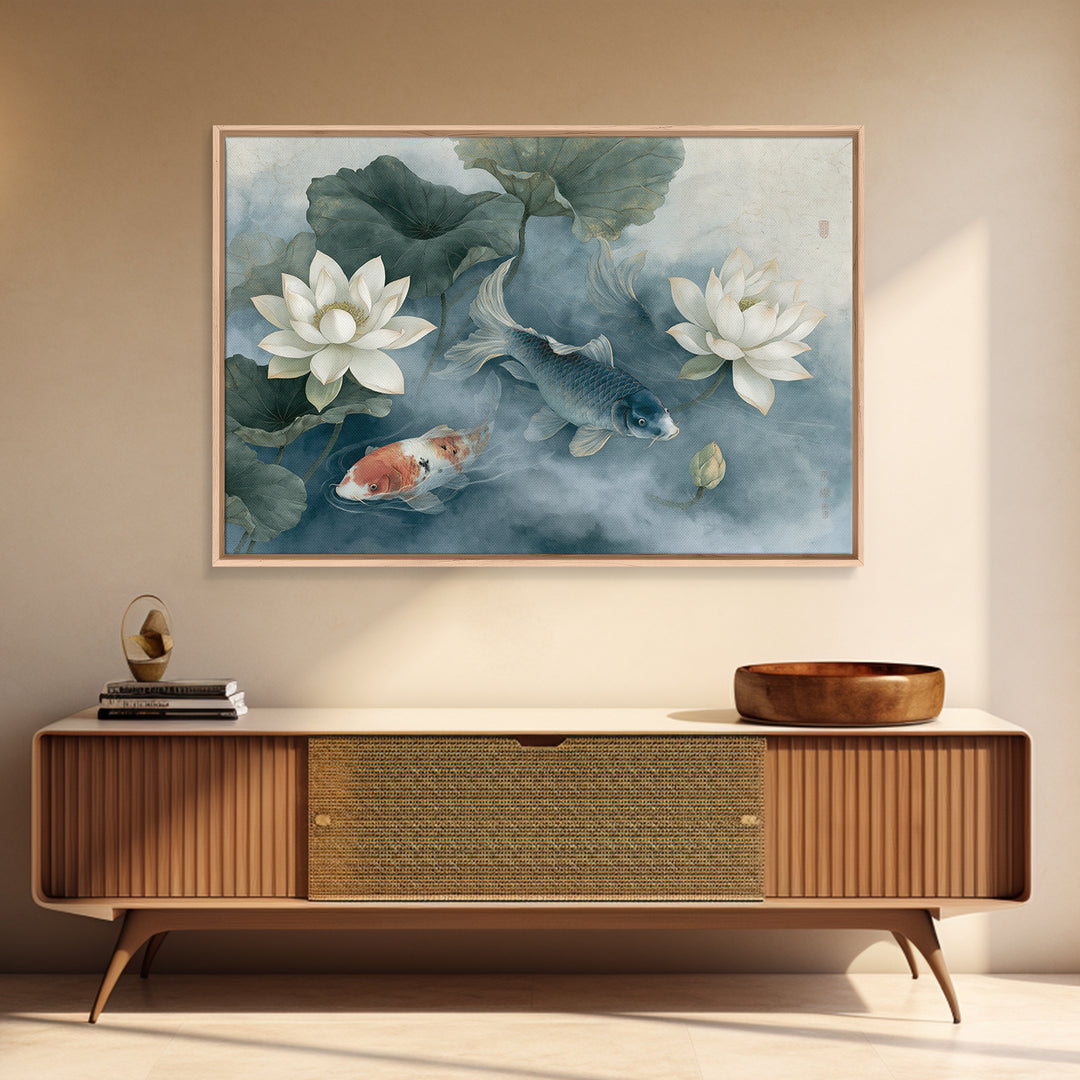 Lotus and Koi Framed Canvas Print, Spiritual Art, Neutral Decor, Living Room Decor, Fine Art, Spirit, Digital Prints, SPI-3x2-70