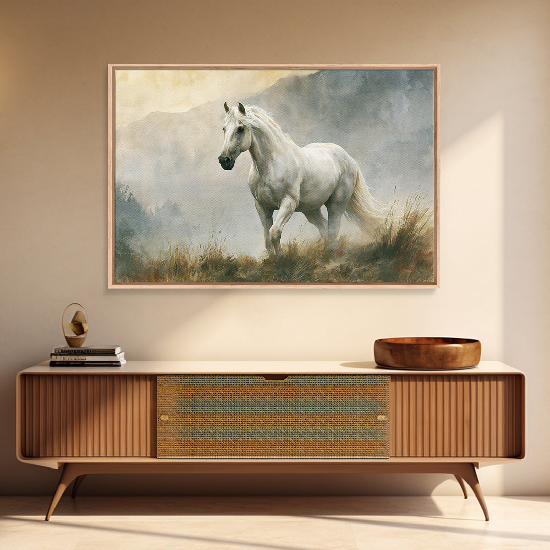 White Horse in Misty Sacred Landscape Framed Canvas Print, Spiritual Art, Boho Decor, Living Room Decor, Fine Art, Spirit, SPI-3x2-86
