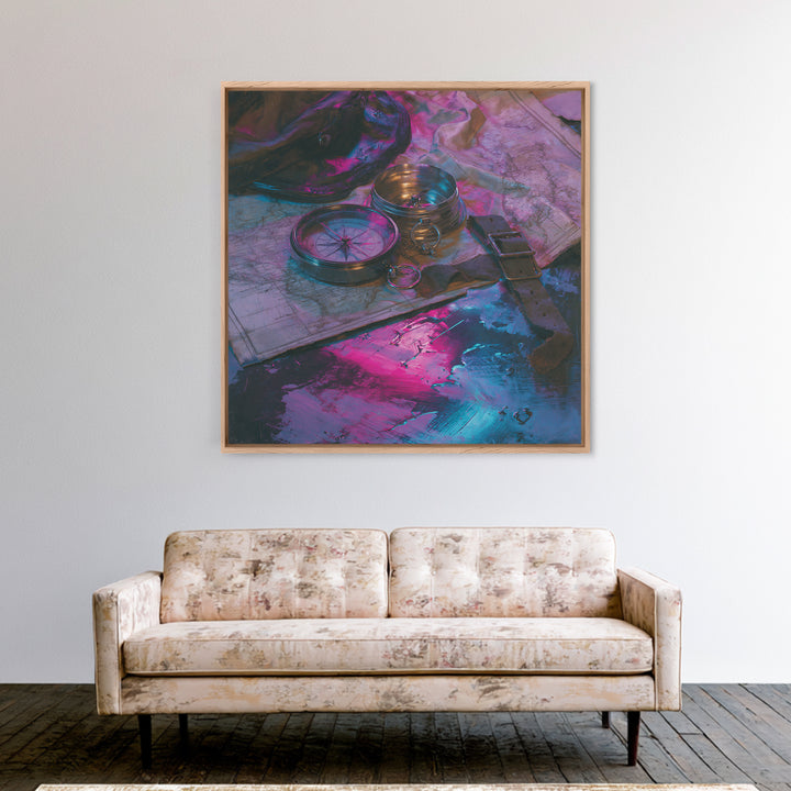 Airship Captain Map and Compass Still Life Canvas Print, Steampunk Art, Wall Art Living Room, Living Room Decor, Mechanic, STE-1x1-18