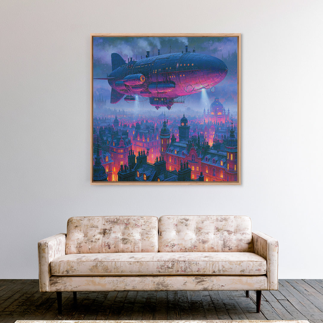 Airship Floating Above Victorian City Roofs Framed Canvas Print, Steampunk Art, Modern Art, Living Room Decor, Mechanic, STE-1x1-2