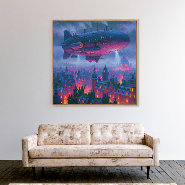 Airship Floating Above Victorian City Roofs Framed Canvas Print, Steampunk Art, Modern Art, Living Room Decor, Mechanic, STE-1x1-2
