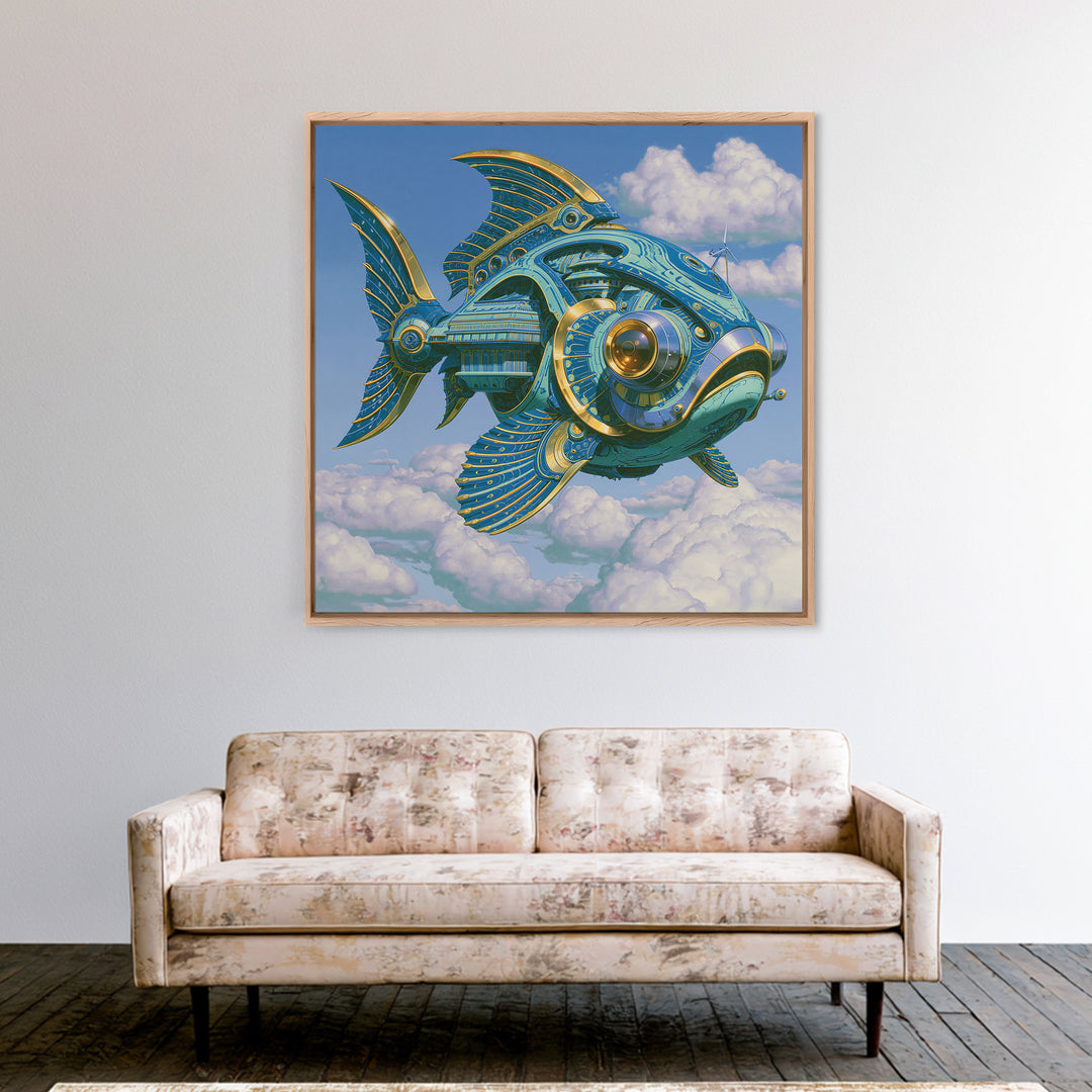 Mechanical Fish Swimming Through Clouds Canvas Print, Steampunk Art, Cat Art, Living Room Decor, Oil Painting, Mechanic, STE-1x1-22