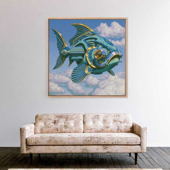 Mechanical Fish Swimming Through Clouds Canvas Print, Steampunk Art, Cat Art, Living Room Decor, Oil Painting, Mechanic, STE-1x1-22