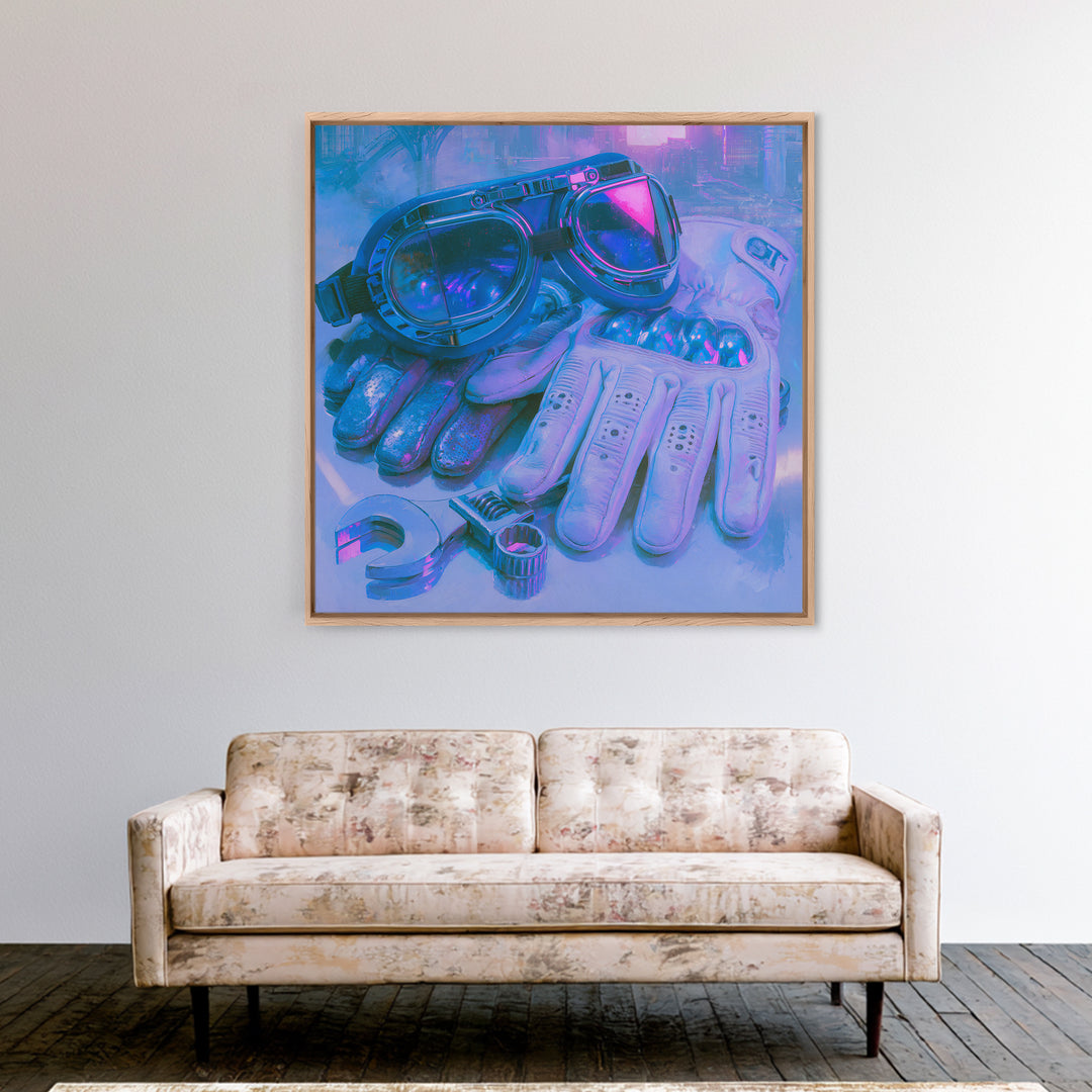 Goggles Gloves and Wrench Still Life Canvas Print, Steampunk Art, Abstract Art, Living Room Decor, Fine Art, Mechanic, STE-1x1-23