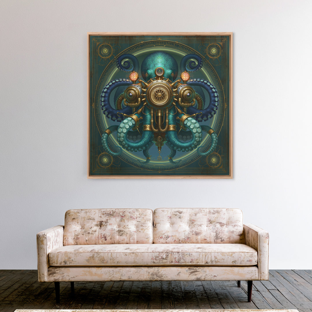 Steampunk Octopus with Brass Tentacles Framed Canvas Print, Steampunk Art, Textured Painting, Living Room Decor, Mechanic, STE-1x1-29