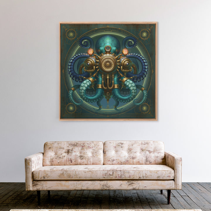 Steampunk Octopus with Brass Tentacles Framed Canvas Print, Steampunk Art, Textured Painting, Living Room Decor, Mechanic, STE-1x1-29
