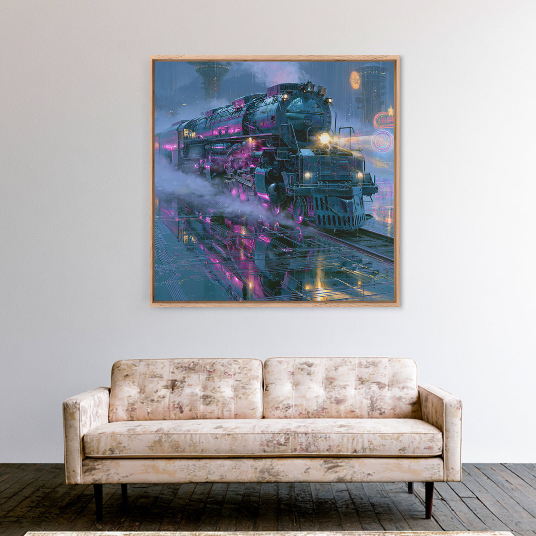 Steam Locomotive Racing Through Fog Canvas Print, Steampunk Art, Dark Art, Living Room Decor, Oil Painting, Mechanic, STE-1x1-30