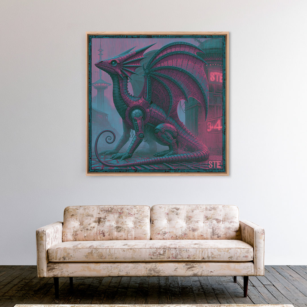Copper Dragon with Riveted Wings Framed Canvas Print, Steampunk Art, Abstract Art Print, Living Room Decor, Watercolor Art, STE-1x1-34