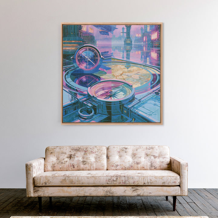 Airship Captain Map and Compass Still Life Framed Canvas Print, Steampunk Art, Steampunk Lamp, Living Room Decor, Abstract Art, STE-1x1-42