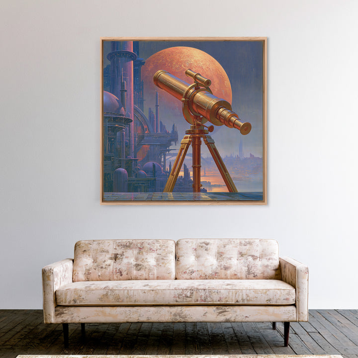 Brass Telescope Aimed at Copper Moon Framed Canvas Print, Steampunk Art, Wall Decor, Living Room Decor, Fine Art, Mechanic, STE-1x1-48