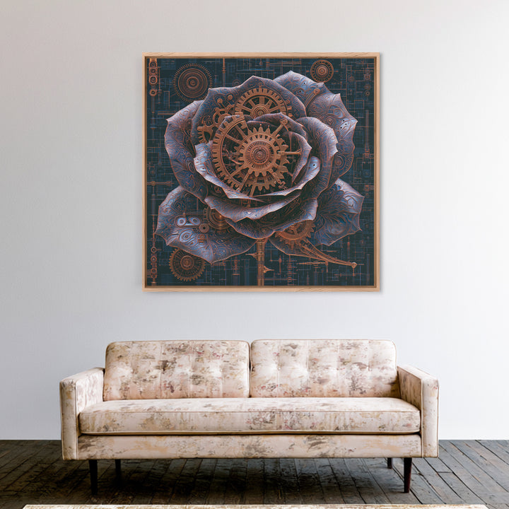 Mechanical Rose Made of Copper Gears Framed Canvas Print, Steampunk Art, Dark Art, Living Room Decor, Oil Painting, Mechanic, STE-1x1-51