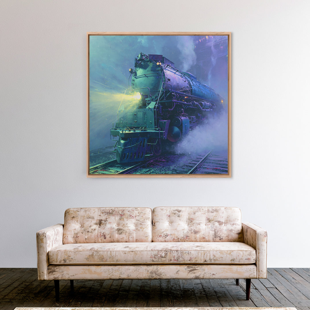 Steam Locomotive Racing Through Fog Canvas Print, Steampunk Art, Dark Art, Living Room Decor, Oil Painting, Mechanic, STE-1x1-54