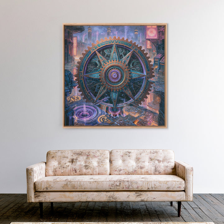 Cogwheel Mandala in Bronze and Teal Framed Canvas Print, Steampunk Art, Wall Art Print, Living Room Decor, Fine Art, Mechanic, STE-1x1-64