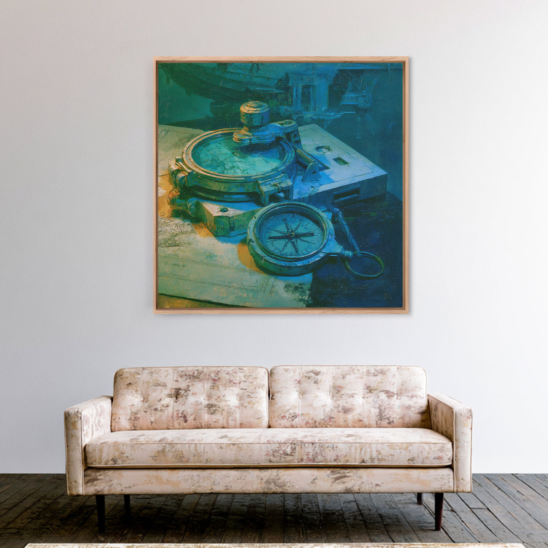 Airship Captain Map and Compass Still Life Framed Canvas Print, Steampunk Art, Steampunk Lamp, Living Room Decor, Abstract Art, STE-1x1-66
