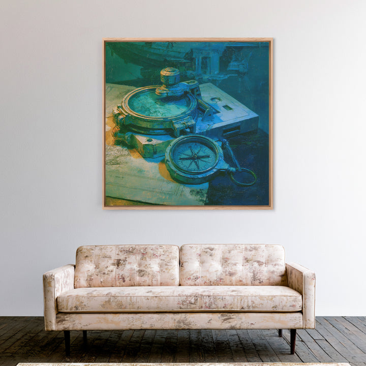 Airship Captain Map and Compass Still Life Framed Canvas Print, Steampunk Art, Steampunk Lamp, Living Room Decor, Abstract Art, STE-1x1-66