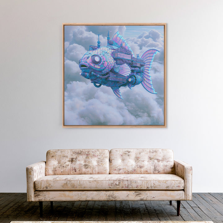 Mechanical Fish Swimming Through Clouds Framed Canvas Print, Steampunk Art, Steampunk Decor, Living Room Decor, Mechanic, STE-1x1-70