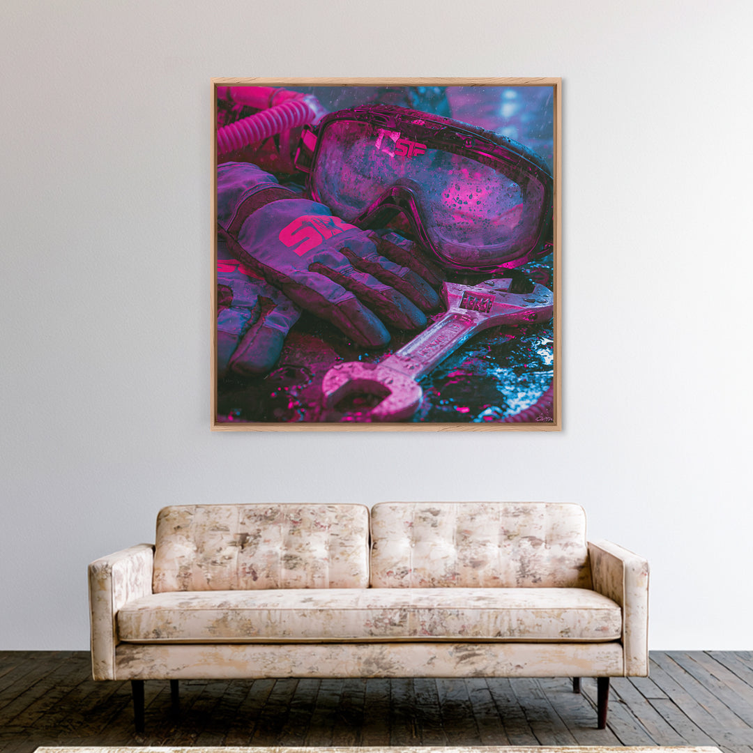 Goggles Gloves and Wrench Still Life Framed Canvas Print, Steampunk Art, Man Cave Decor, Living Room Decor, Fine Art, Mechanic, STE-1x1-71