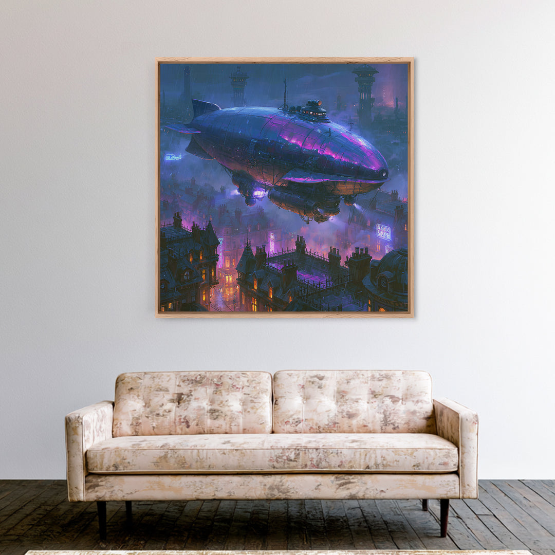 Airship Floating Above Victorian City Roofs Framed Canvas Print, Steampunk Art, Fine Art Print, Living Room Decor, Mechanic, STE-1x1-74