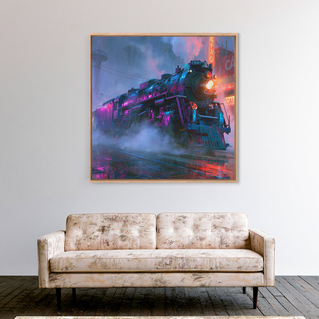 Steam Locomotive Racing Through Fog Framed Canvas Print, Steampunk Art, Statement Artwork, Living Room Decor, Mechanic, STE-1x1-78