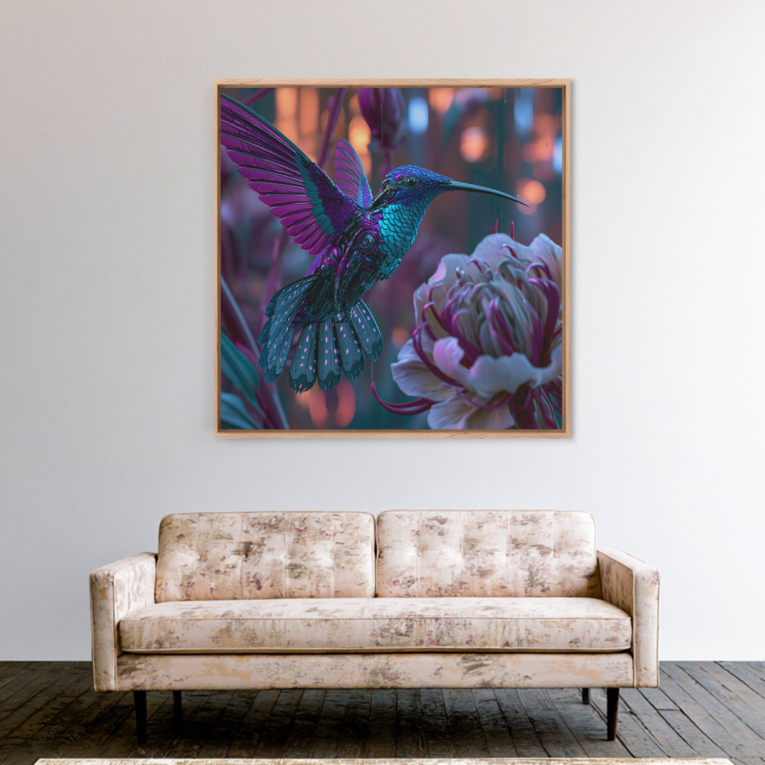 Mechanical Hummingbird Hovering Near Flower Canvas Print, Steampunk Art, Wall Decor, Living Room Decor, Oil Painting, Mechanic, STE-1x1-81
