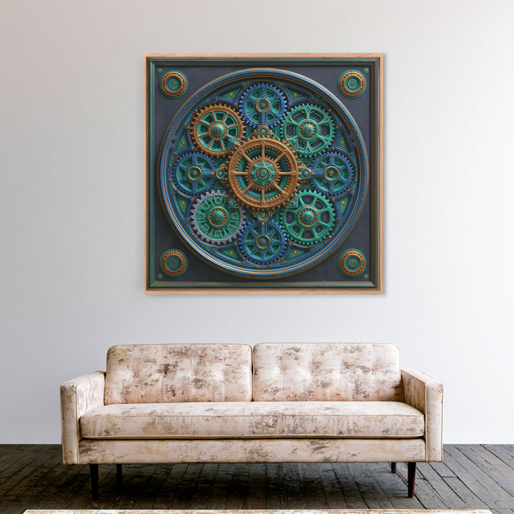 Cogwheel Mandala in Bronze and Teal Framed Canvas Print, Steampunk Art, Minimalist Decor, Living Room Decor, Fine Art, Mechanic, STE-1x1-88