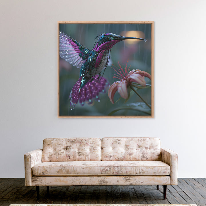 Mechanical Hummingbird Hovering Near Flower Canvas Print, Steampunk Art, Statement Artwork, Living Room Decor, Mechanic, STE-1x1-9