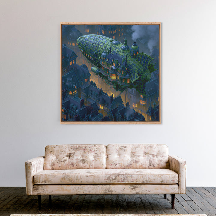 Airship Floating Above Victorian City Roofs Canvas Print, Steampunk Art, Textured Painting, Living Room Decor, Mechanic, STE-1x1-98