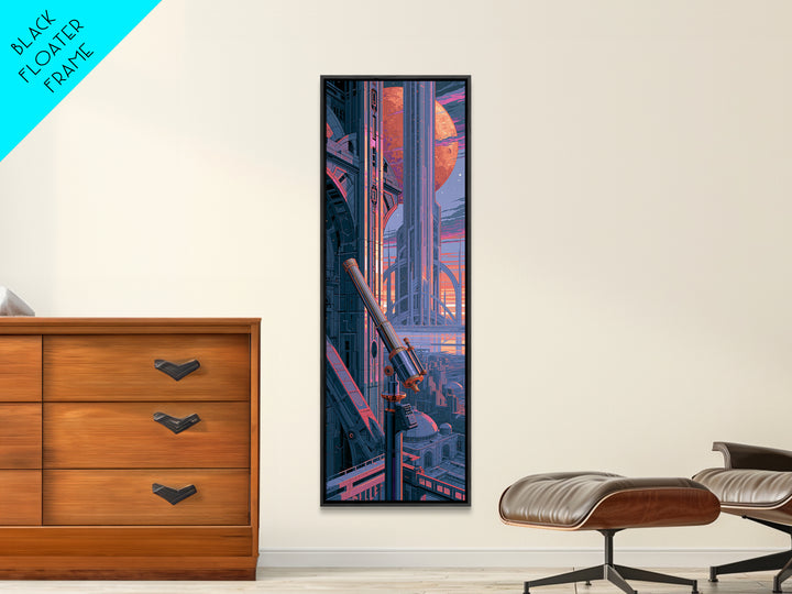 Brass Telescope Aimed at Copper Moon Framed Canvas Print, Steampunk Art, Digital Art, Living Room Decor, Fine Art, Mechanic, STE-1x3-36