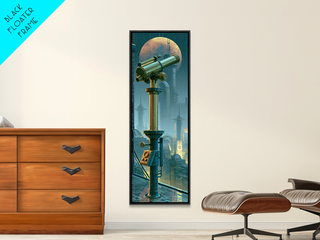 Brass Telescope Aimed at Copper Moon Canvas Print, Steampunk Art, Canvas Art, Living Room Decor, Abstract Art, Mechanic, STE-1x3-60