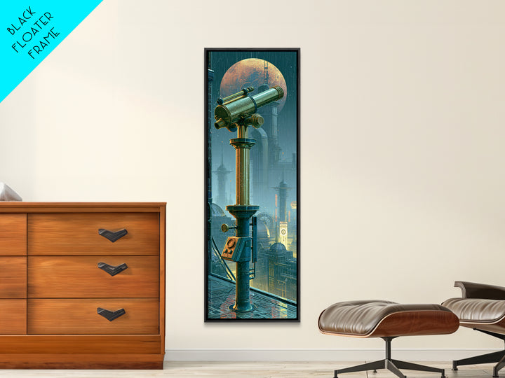 Brass Telescope Aimed at Copper Moon Canvas Print, Steampunk Art, Canvas Art, Living Room Decor, Abstract Art, Mechanic, STE-1x3-60