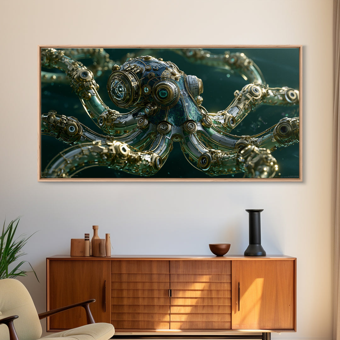 Steampunk Octopus with Brass Tentacles Framed Canvas Print, Steampunk Art, Steampunk, Living Room Decor, Fine Art, Mechanic, STE-2x1-1
