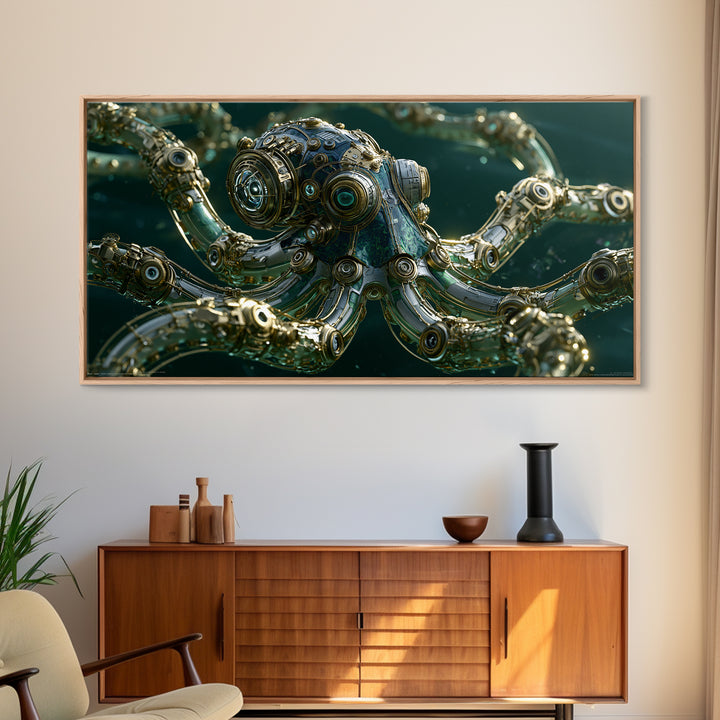 Steampunk Octopus with Brass Tentacles Framed Canvas Print, Steampunk Art, Steampunk, Living Room Decor, Fine Art, Mechanic, STE-2x1-1