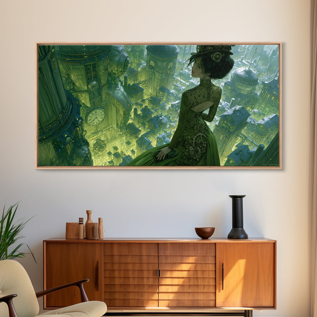 Victorian Lady with Clockwork Dress Details Framed Canvas Print, Steampunk Art, Art Print, Living Room Decor, Mechanic, STE-2x1-13