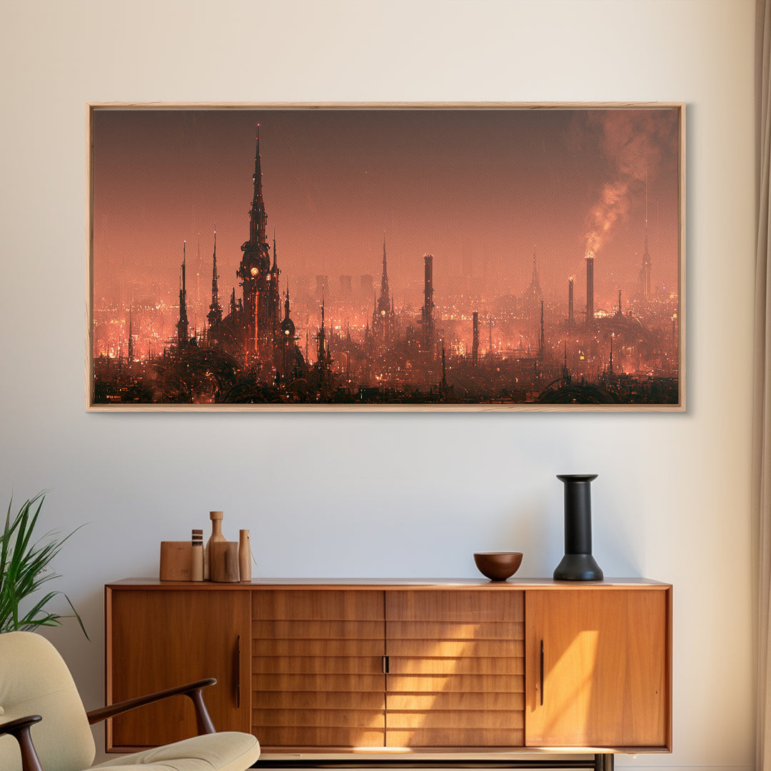 Steam Powered City Skyline Canvas Print, Steampunk Art, Digital Art, Living Room Decor, Abstract Art, Mechanic, Wall Art Print, STE-2x1-17