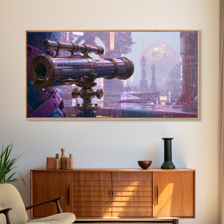 Brass Telescope Aimed at Copper Moon Framed Canvas Print, Steampunk Art, Statement Artwork, Living Room Decor, Mechanic, STE-2x1-20