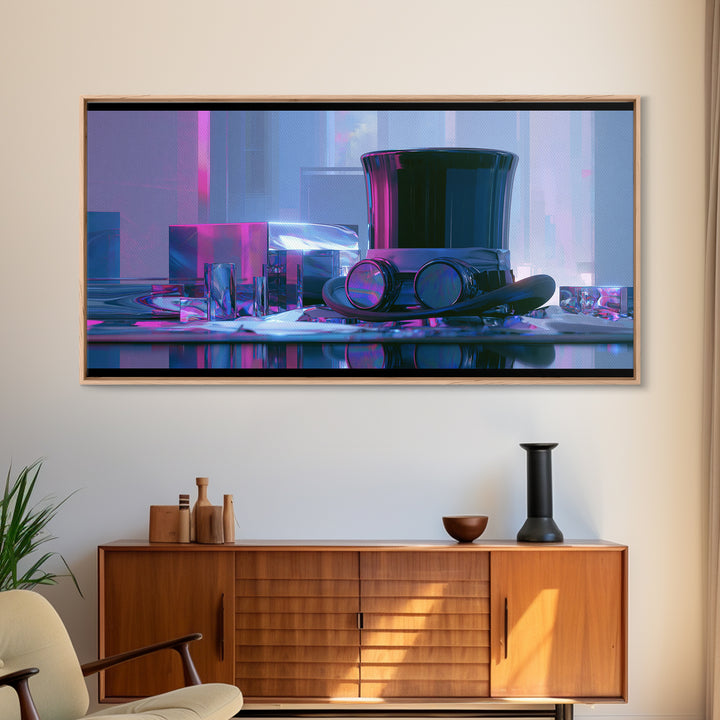 Top Hat and Goggles Still Life Framed Canvas Print, Steampunk Art, Minimalist Decor, Living Room Decor, Fine Art, Mechanic, STE-2x1-24