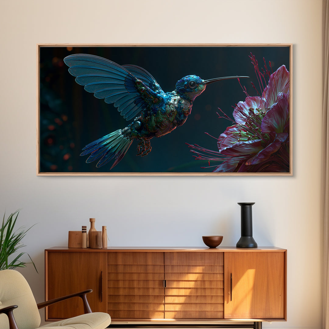 Mechanical Hummingbird Hovering Near Flower Canvas Print, Steampunk Art, Original Art, Living Room Decor, Mechanic, Dark Art, STE-2x1-29