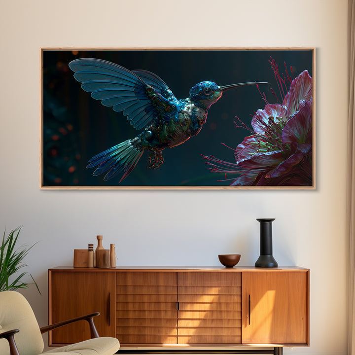 Mechanical Hummingbird Hovering Near Flower Canvas Print, Steampunk Art, Original Art, Living Room Decor, Mechanic, Dark Art, STE-2x1-29