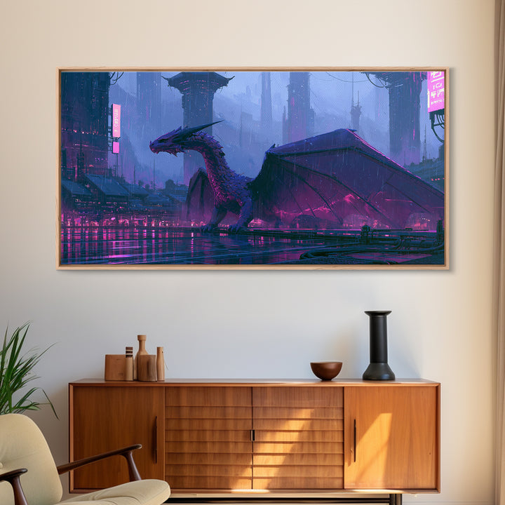 Copper Dragon with Riveted Wings Framed Canvas Print, Steampunk Art, Minimalist Decor, Living Room Decor, Fine Art, Mechanic, STE-2x1-30