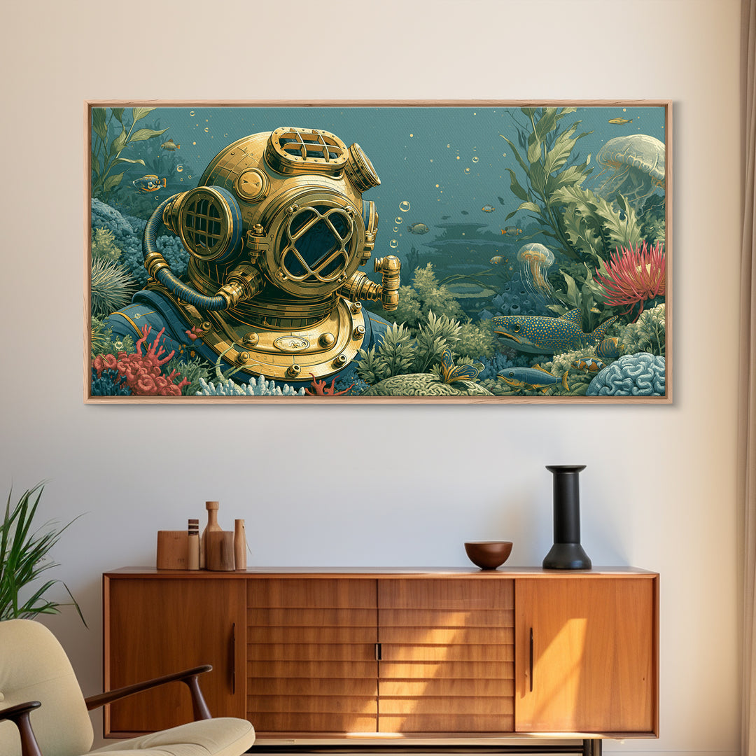Brass Diving Helmet Canvas Print, Steampunk Art, Wall Art, Living Room Decor, Oil Painting, Mechanic, Ai Art, Digital Print, STE-2x1-32