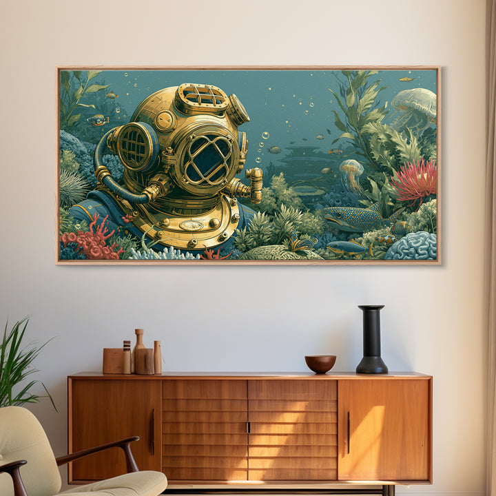 Brass Diving Helmet Canvas Print, Steampunk Art, Wall Art, Living Room Decor, Oil Painting, Mechanic, Ai Art, Digital Print, STE-2x1-32