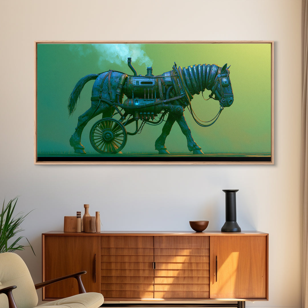 Steam Powered Horse Framed Canvas Print, Steampunk Art, Wall Art, Living Room Decor, Oil Painting, Mechanic, Ai Art, STE-2x1-35