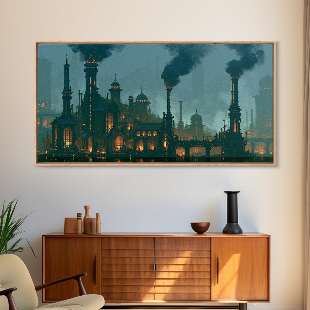Steam Powered City Skyline Canvas Print, Steampunk Art, Digital Art, Living Room Decor, Abstract Art, Mechanic, Wall Art Print, STE-2x1-41