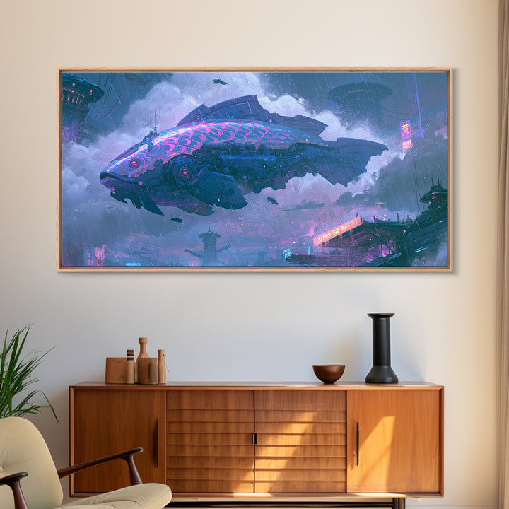 Mechanical Fish Swimming Through Clouds Framed Canvas Print, Steampunk Art, Room Decor, Living Room Decor, Fine Art, Mechanic, STE-2x1-42