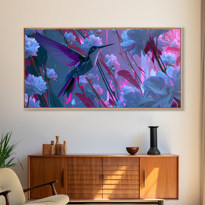 Mechanical Hummingbird Hovering Near Flower Canvas Print, Steampunk Art, Original Art, Living Room Decor, Mechanic, Dark Art, STE-2x1-5