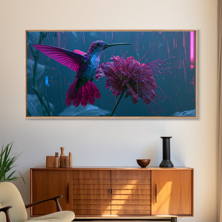 Mechanical Hummingbird Hovering Near Flower Canvas Print, Steampunk Art, Printable Art, Living Room Decor, Watercolor Art, STE-2x1-53